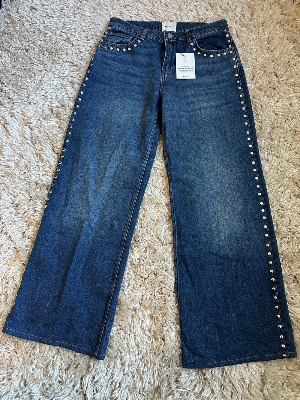 Reformation Carry High Waisted Wide-Leg Studded Denim Jeans in Dark Blue NWT